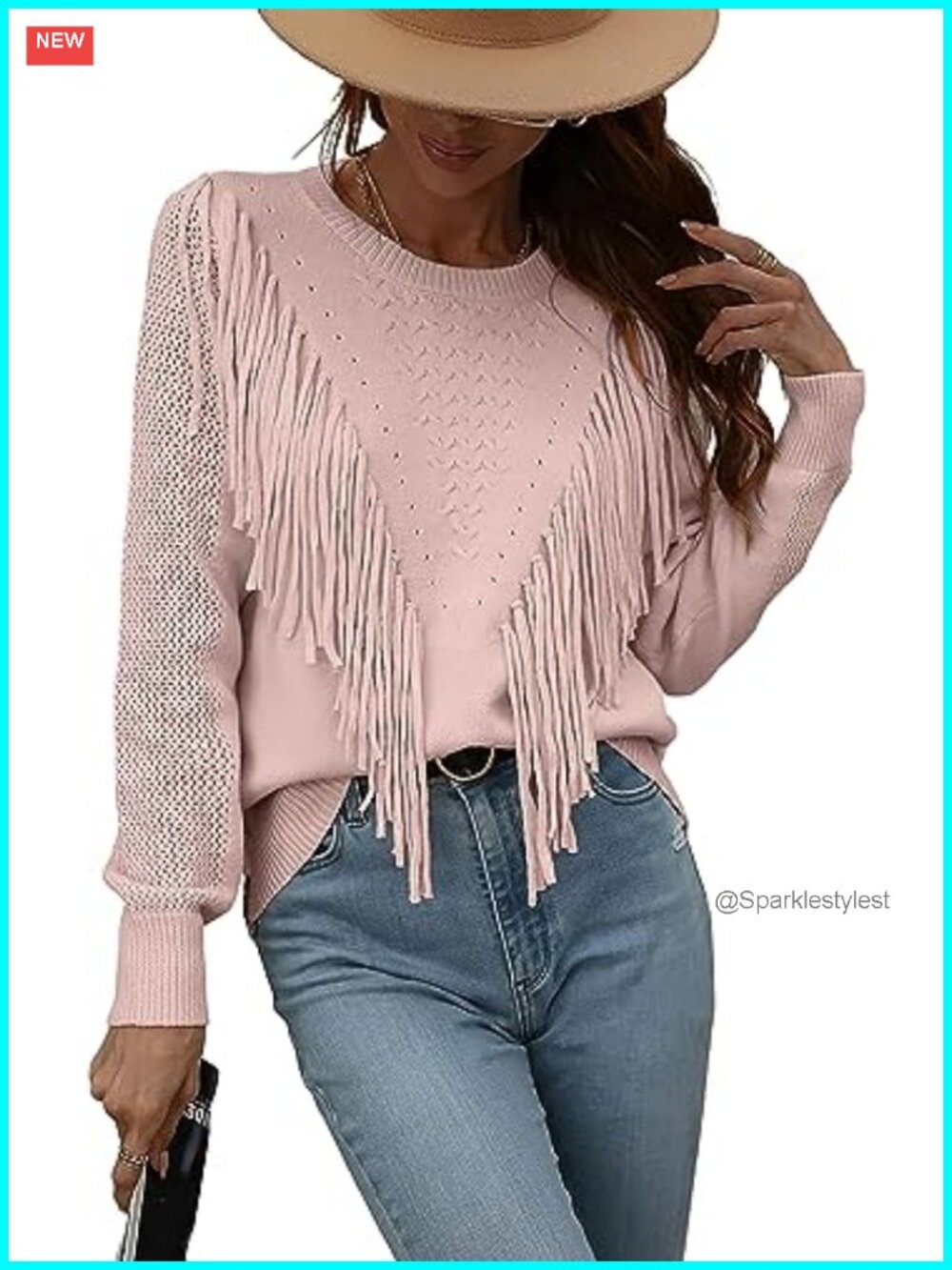 Women's Crochet Knit Fringe Tassel Pullover Sweater Long Sleeve Crewneck